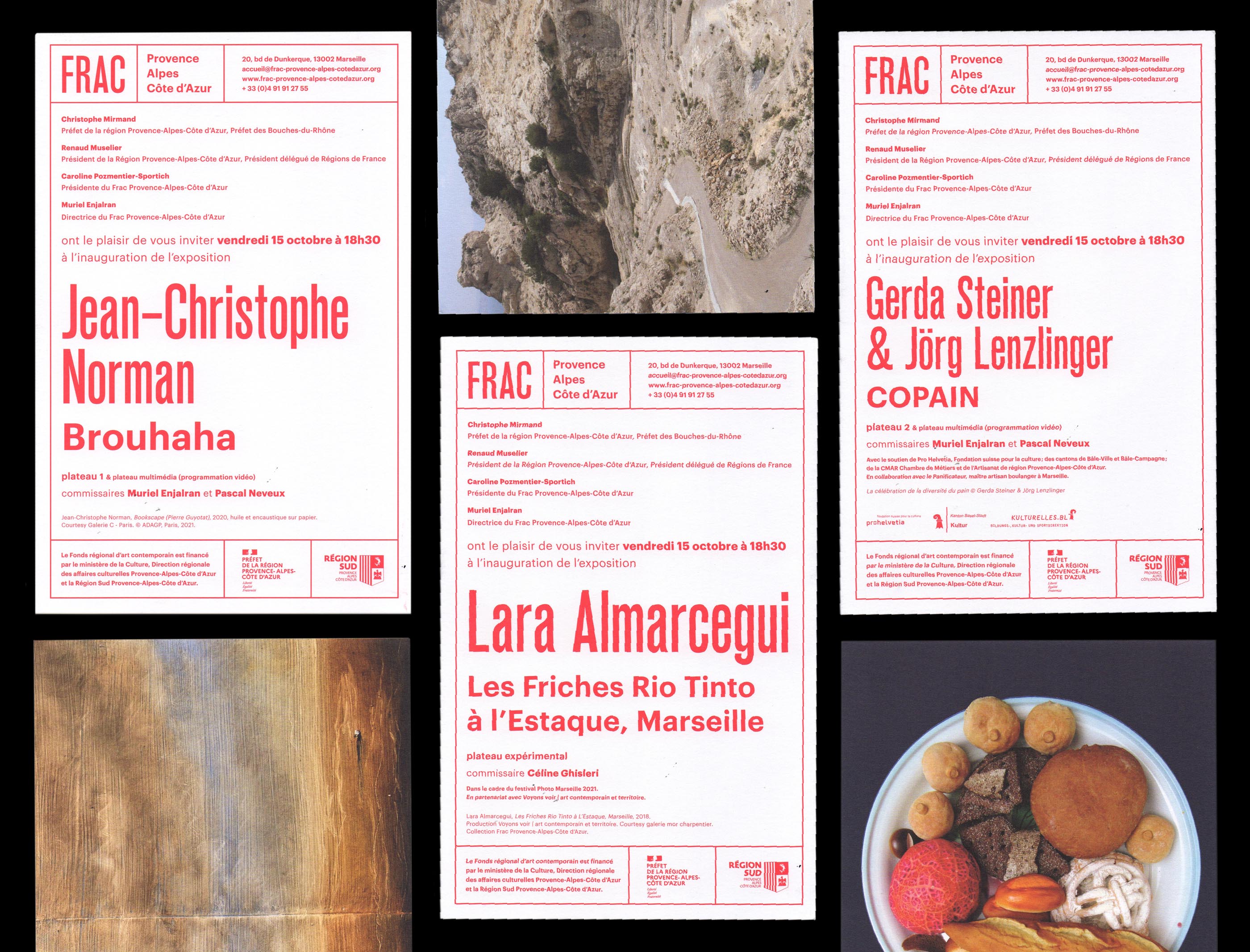 Carton d'invitations pour les expositions de Jean-Christophe Norman, Lara Almarcegui, Gerda Steiner et Jörg Lenzlinger