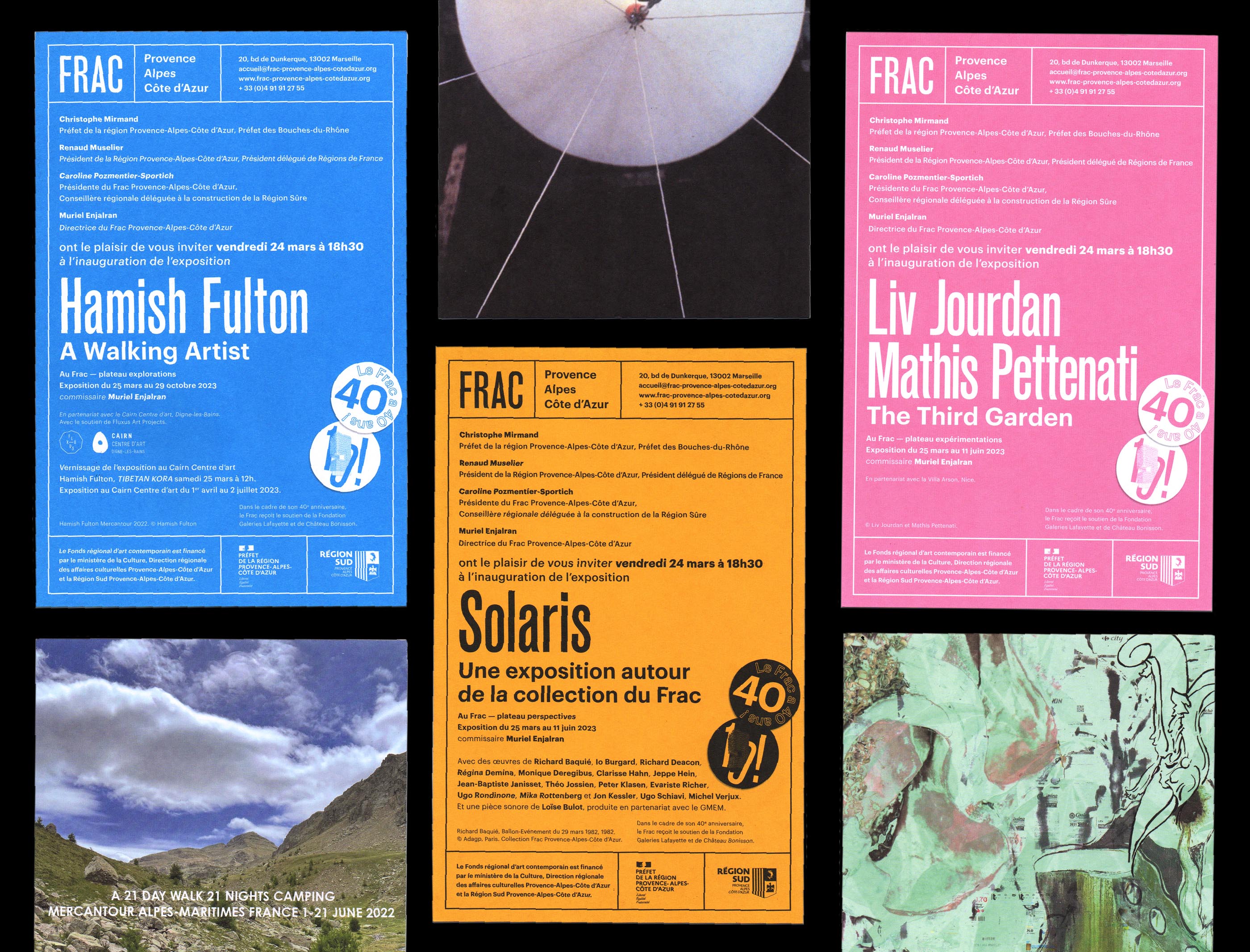 Carton d'invitations pour les expositions Solaris et d'Hamish Fulton, Liv Jourdan et Mathis Pettenati